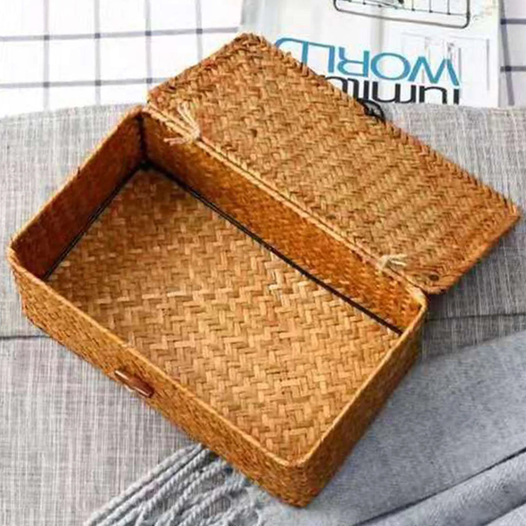 Handwoven Straw Storage Basket with Lid - Rustic Organizer