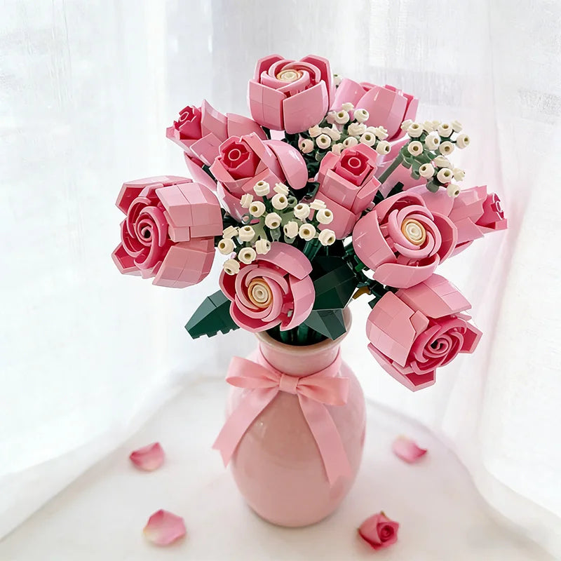 Pink Rose Bouquet Building Set - Romantic Gift