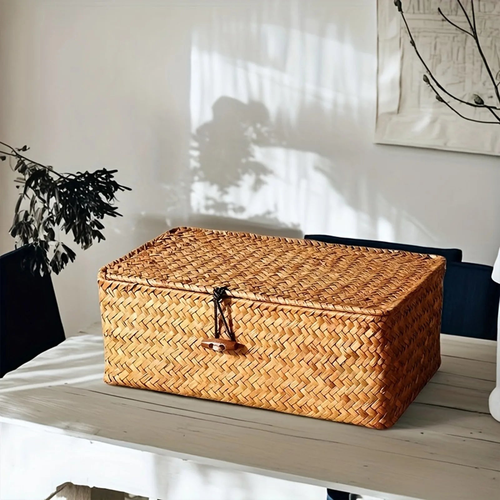Handwoven Straw Storage Basket with Lid - Rustic Organizer