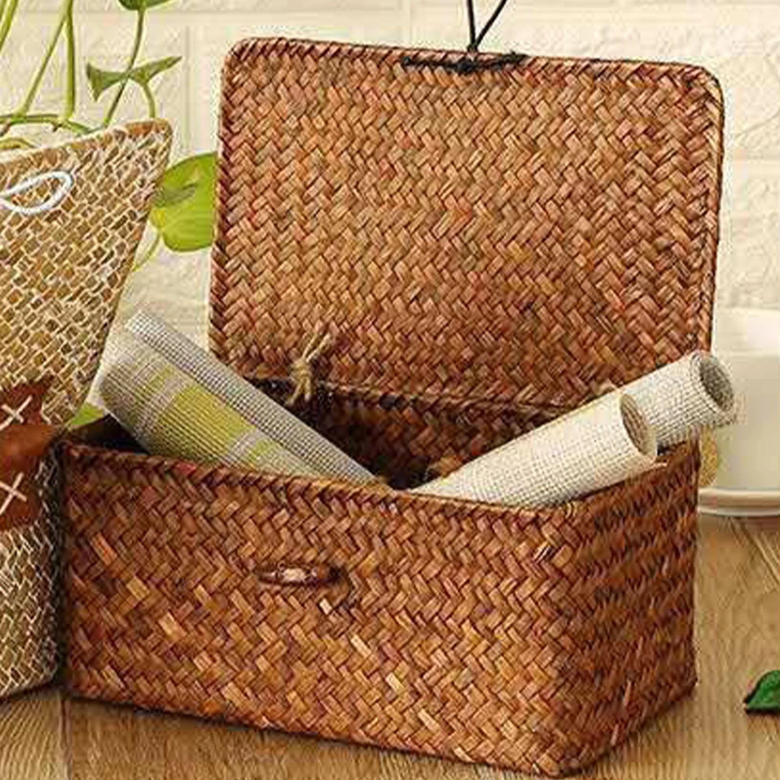 Handwoven Straw Storage Basket with Lid - Rustic Organizer