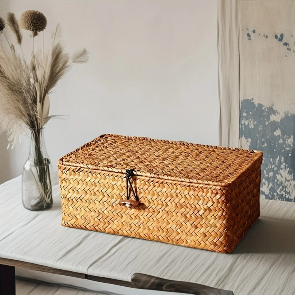 Handwoven Straw Storage Basket with Lid - Rustic Organizer