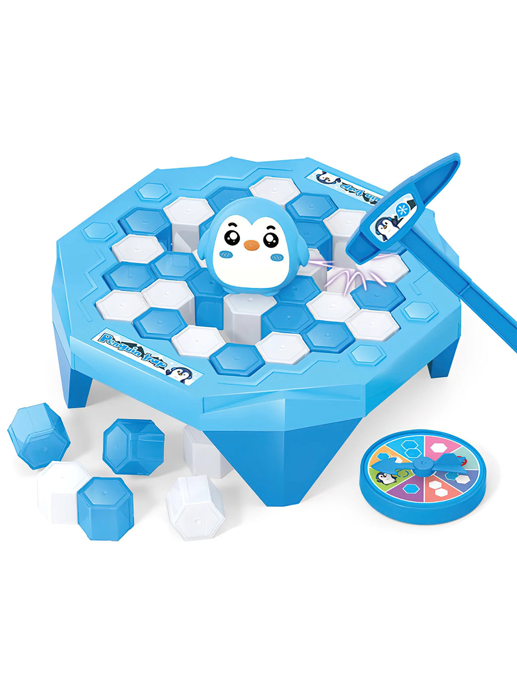 Penguin ice breaker game with blue ice blocks and penguin on top