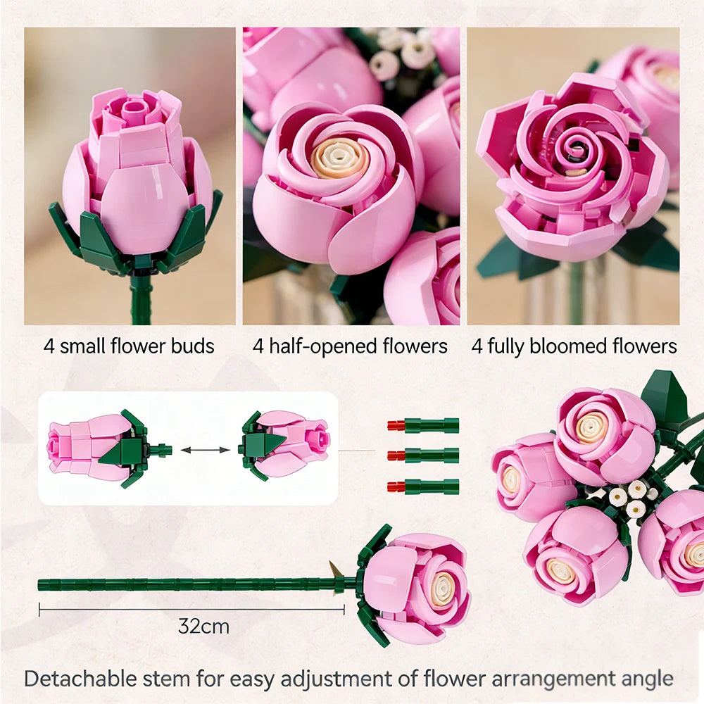 Pink Rose Bouquet Building Set - Romantic Gift
