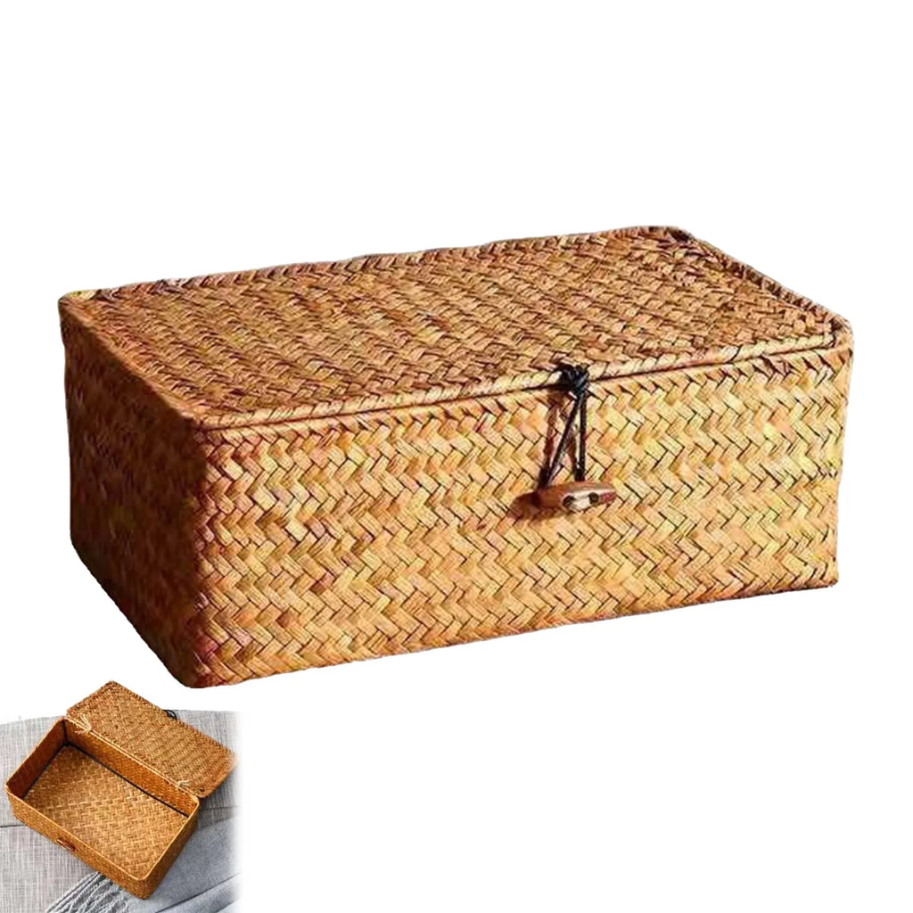 Handwoven Straw Storage Basket with Lid - Rustic Organizer